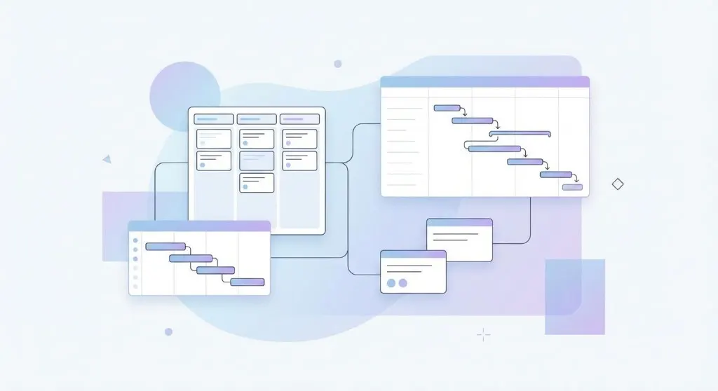 Illustration of several project boards and a schedule in one view.