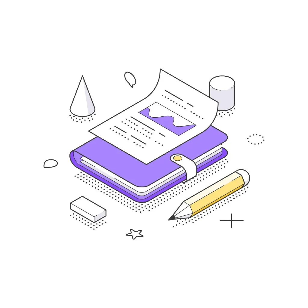 Illustration of a project journal with notes, a written entry, and a pencil.
