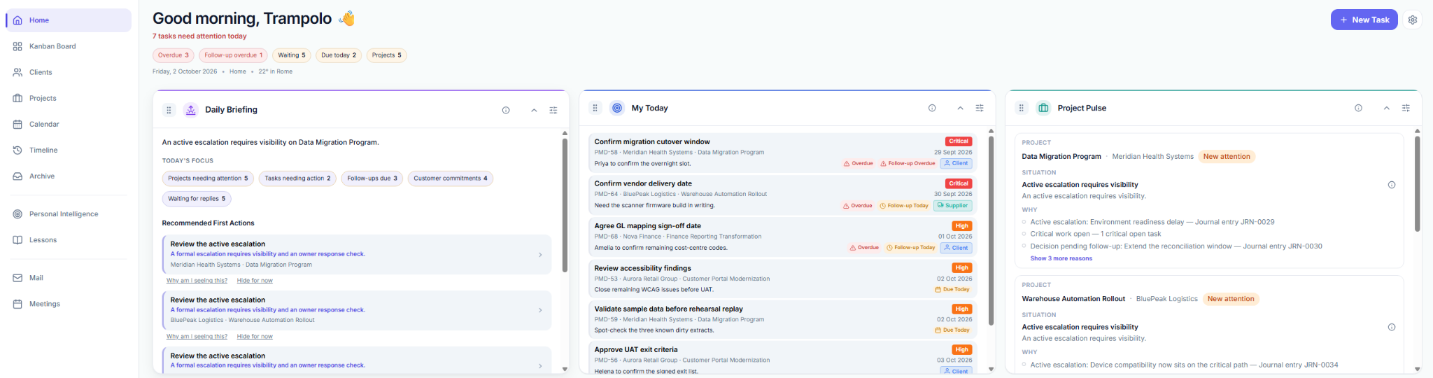 Trampolo Home in a demo workspace. On a narrow screen this is the Daily Briefing for an active escalation on the Data Migration Program, with recommended first actions. The wide layout also shows the morning greeting, attention counts, My Today and Project Pulse.