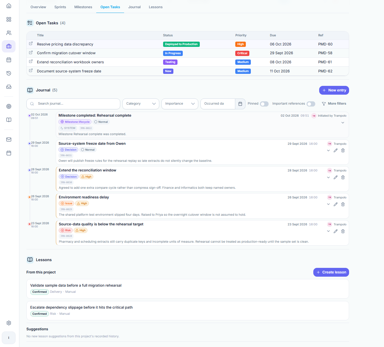 Project journal for the Data Migration Program in a demo workspace, shown in English. It includes open tasks, journal entries and lessons marked as manual.