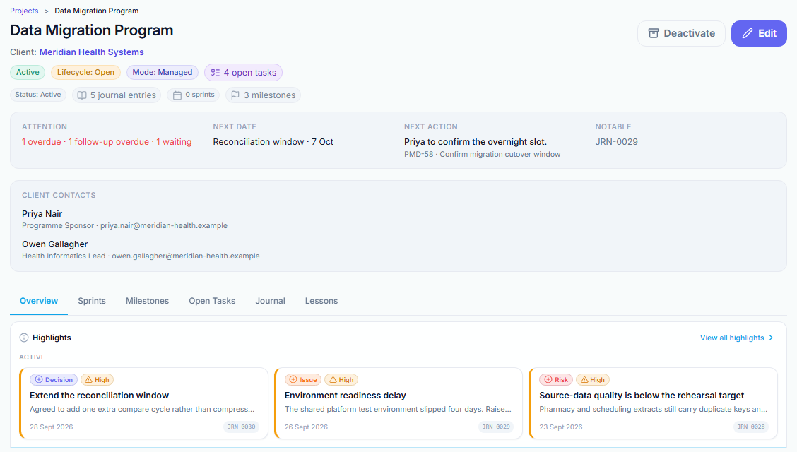 Data Migration Program in a demo workspace. The next action is for Priya to confirm the overnight slot, with client contacts and highlights for the reconciliation window, an environment delay, and source-data quality.